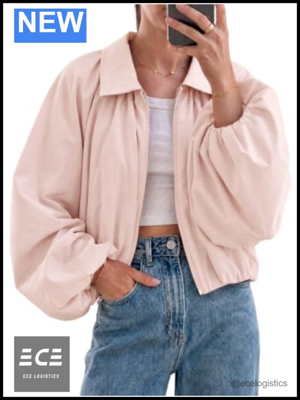 Womens Cropped Bomber Jacket Oversized Zip Up Balloon Sleeve Casual